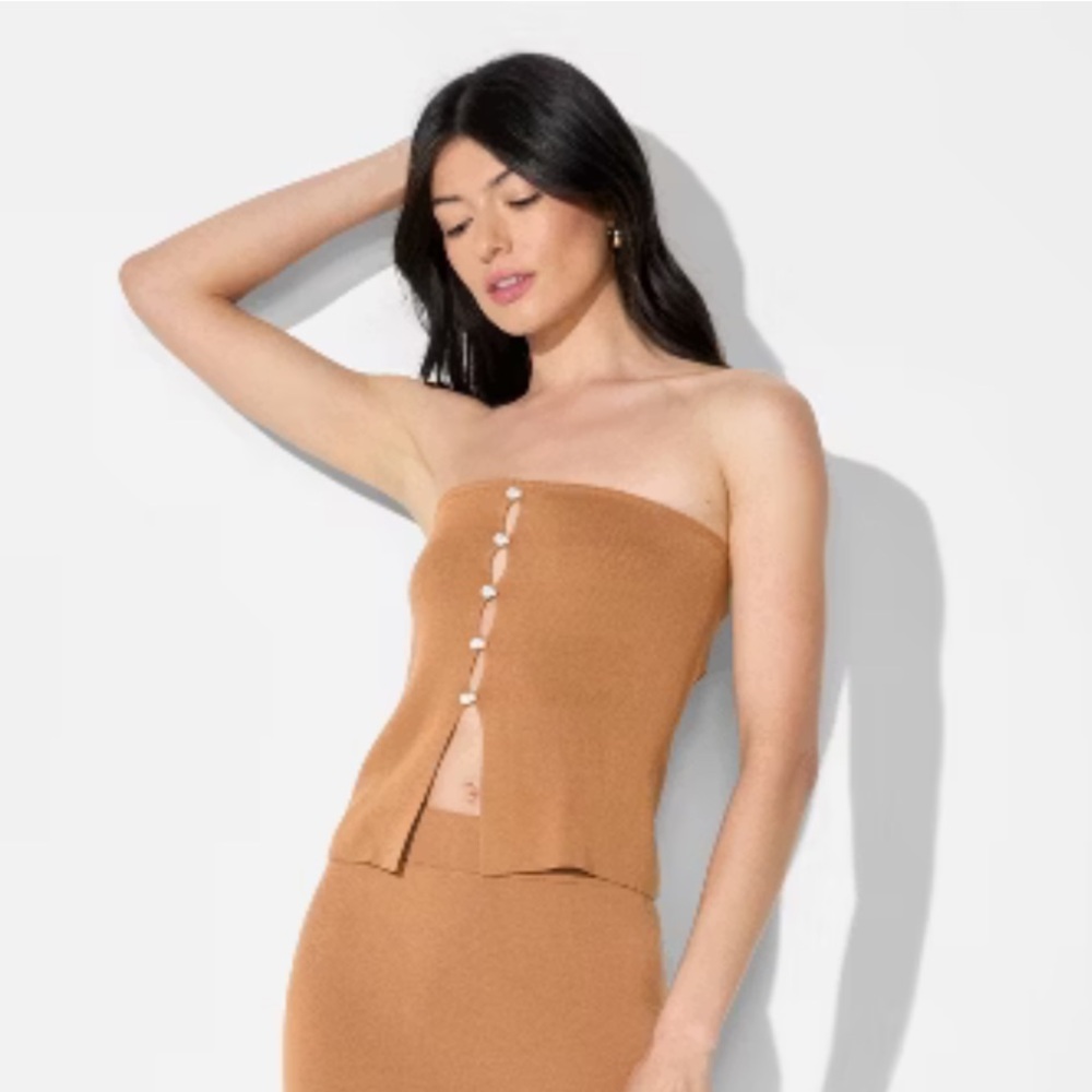Wild Fable Tan Strapless Pearl like button-Front Top
